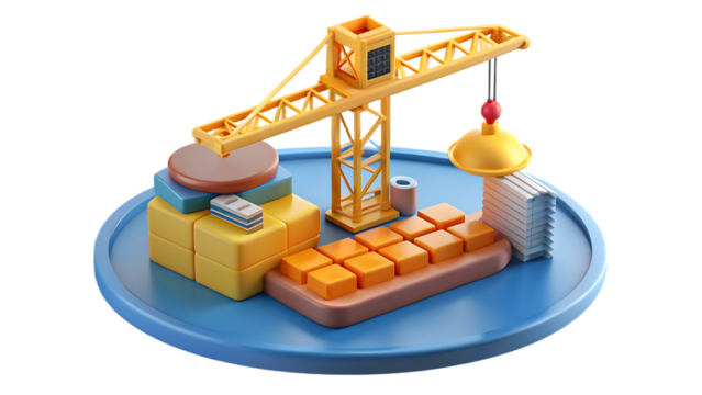 Miniature construction site with yellow crane and building blocks graphic design