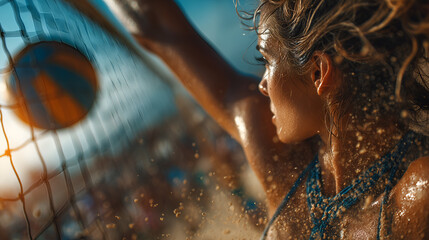 Female beach volleyball player hitting ball at net with sand and sweat flying under golden sunlight, dynamic action sports scene captured in summer
