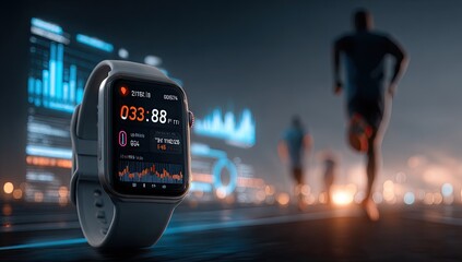 Smartwatch data overlay runners city night