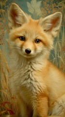 Fototapeta premium Charming portrait of young red fox with fluffy fur and large ears gazes softly amid stylised botanical background, detailed digital painting in warm tones.