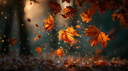 Sunlit autumn maple leaves fall gracefully in forest, glowing orange against dark blurred background with sparkling bokeh, capturing dynamic movement of fall season.