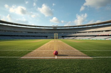 A cricket ball and wickets on a pitch in a stadium under a blue sky with scattered clouds above it all