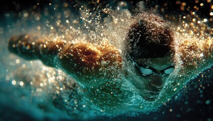 Powerful swimmer in butterfly stroke, underwater pool, glistening water