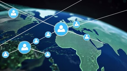 Abstract visualization of global internet and big data networks as a digital web of connections overlaying a glowing earth. - Powered by Adobe