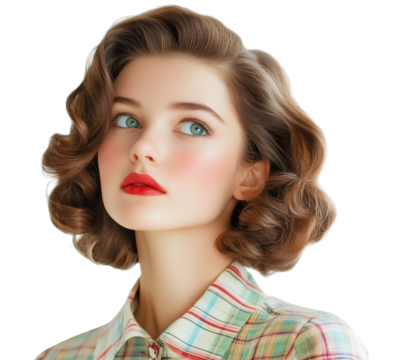 Beautiful woman with vintage hairstyle and striking blue eyes gazes thoughtfully. Her soft curls frame her face, enhancing her classic charm and elegance