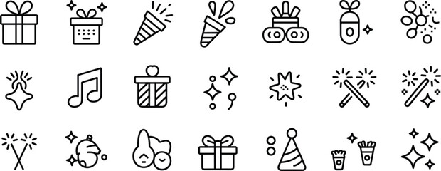 Flat vector celebration icons with gift box, fireworks, party hat, confetti, music, sparklers, drinks, festive elements, holiday and new year