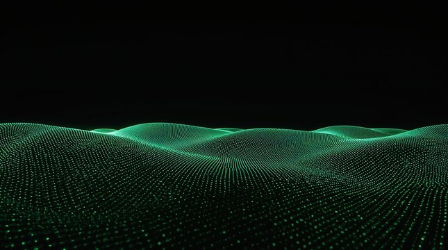 Dynamic glowing green digital wave pattern evokes futuristic technology and data flow