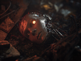 a broken AI robot lying in a pile of junk and scrap metal, damaged face with exposed wires and cracked metallic surface, rust and dirt covering the body