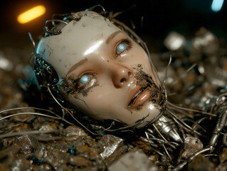 a broken AI robot lying in a pile of junk and scrap metal, damaged face with exposed wires and cracked metallic surface, rust and dirt covering the body