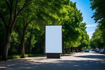 Blank billboard on a sunny city street with lush trees for advertising and marketing