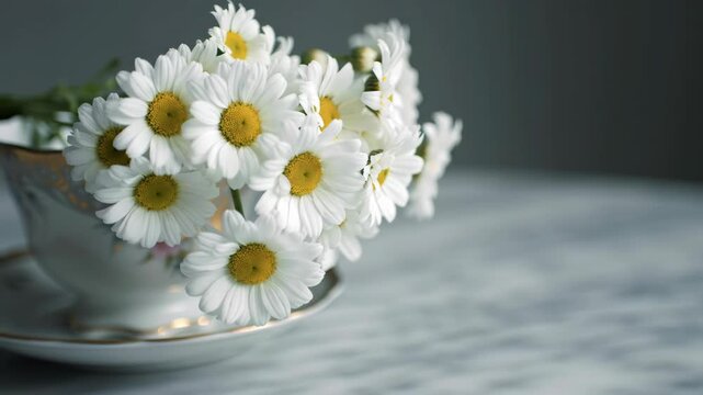 Daisies in a teacup on a marble surface against a gray background