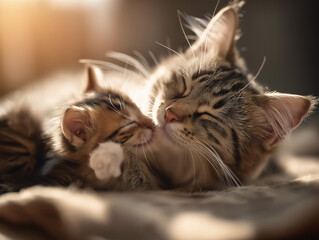 A heartwarming scene of a baby kitten gently touching its mother’s face with a small paw