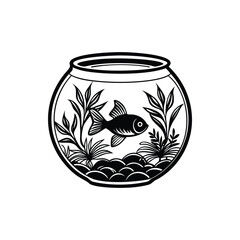 Monochrome Fish in a Round Fishbowl with Plants and Rocks Illustration