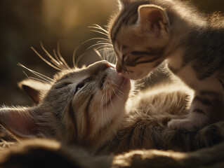 A heartwarming scene of a baby kitten gently touching its mother’s face with a small paw