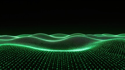 Dynamic glowing green digital wave particles create futuristic abstract data landscape