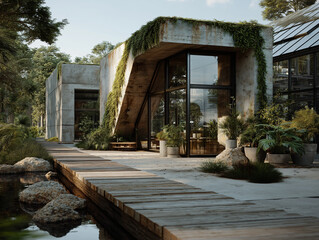 a modern industrial factory surrounded by lush green trees and landscaped gardens, clean futuristic architecture with glass and steel