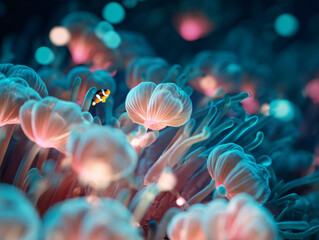 close-up cinematic shot of a cluster of sea anemones swaying gently underwater, glowing tentacles in neon colors