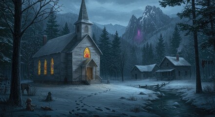 A small wooden church sits in an alpine valley surrounded by pines and snowy ground, with a few people nearby, while a man floats above the church in the top left corner.
