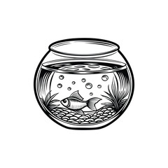 Monochrome illustration of a goldfish in a bowl with plants and bubbles