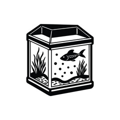 Black and white illustration of a fish tank with fish swimming inside