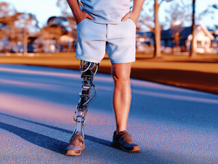 Man with a disability wearing a futuristic robotic prosthetic left leg