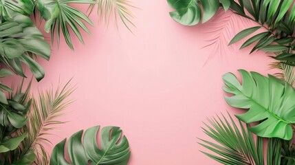 Naklejka premium Tropical Leaf Border on Pink Background.