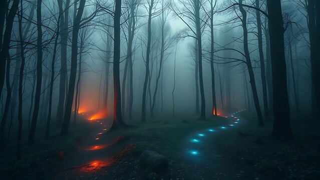 A mystical forest with two glowing paths diverging under golden hour light, creating an ethereal atmosphere.