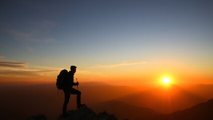 Silhouette of mountain climber at sunrise with dramatic landscape