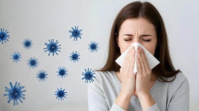 woman sneezing blowing nose viruses around