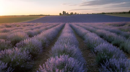 Obraz premium Fields of vibrant lavender stretching towards the horizon at sunset.