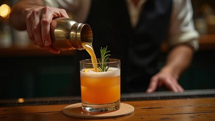 bartender pouring craft cocktail into glass at bar