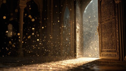 Golden dust motes illuminate an ornate doorway in a dimly lit, arched hallway