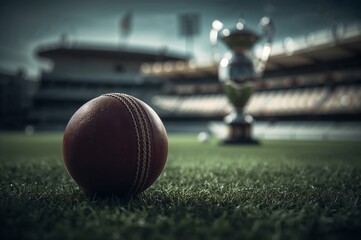A cricket ball on the grass with a trophy in the background at a stadium with empty seats visible