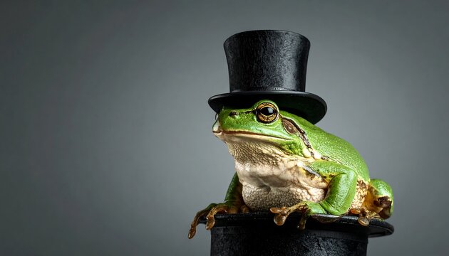 A green frog wearing a top hat