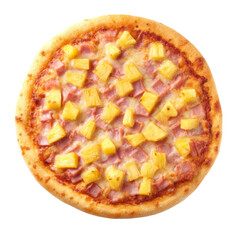 Delicious pizza topped with ham and pineapple, featuring golden crust and melted cheese, perfect for satisfying meal