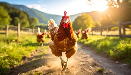 A group of chickens running on a dirt path