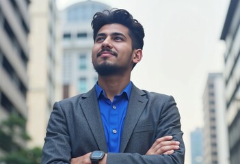 Fototapeta premium Young professional man with arms crossed looking up in a city
