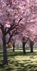 Sunlit pink cherry blossoms line a grassy path