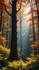 Obraz premium Majestic old tree in a sunlit autumn forest trees fall