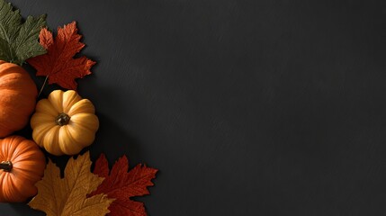 Minimalist autumn background featuring pumpkins and colorful fall leaves arranged on dark slate texture for seasonal festive design and Thanksgiving themes
