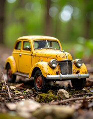 Vintage Yellow Car Toy Outdoors Forest Greenery Classic Retro Automobile