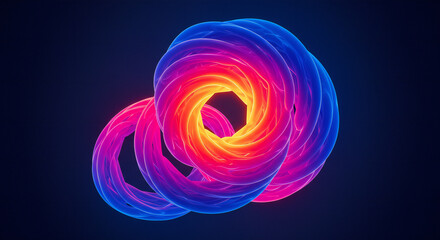 A vibrant glowing abstract shape of intertwined swirling rings with a colorful gradient from yellow to blue.