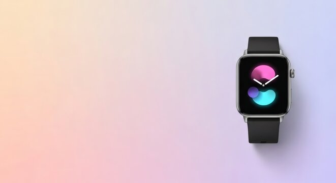 A modern smartwatch displaying colorful abstract shapes against a gradient background, isolated. - Powered by Adobe