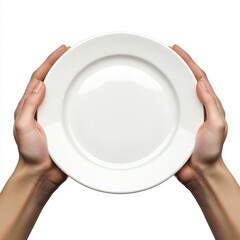 Close-up of hands holding an empty plate isolated on a white background, detailed photograph