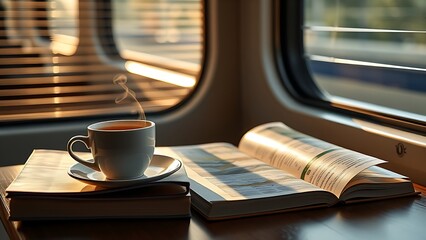 Steaming coffee cup beside a travel guide, with soft morning light and a train compartment view.