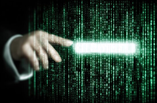 Hand pointing to glowing white code on dark green binary background