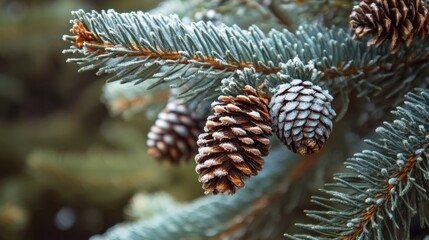 Frosty Pine Cones on Winter Branch.