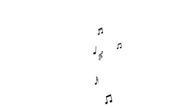 Animated white notes flying from bottom to top. Wave of flying notes. Music concept. Vector illustration isolated on a white background.