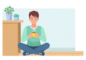 Vector illustration of a serene man practicing mindfulness at home, enjoying a peaceful morning with a warm drink.