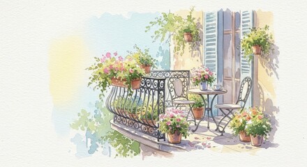 Romantic Watercolor Illustration of European Balcony with Flowers, Pastel Palette, Gentle Brush Washes, and Airy Impressionist Atmosphere